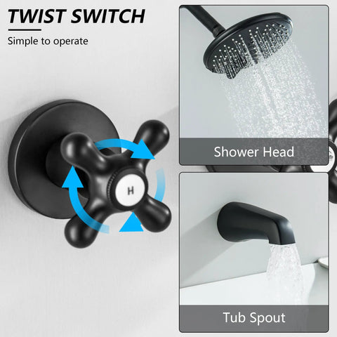 Three-Handle Tub And Shower Faucet Set In Dope Matte Black With 6-Inch Shower Head, Tub Spout, And Three Knobs Trim Kit