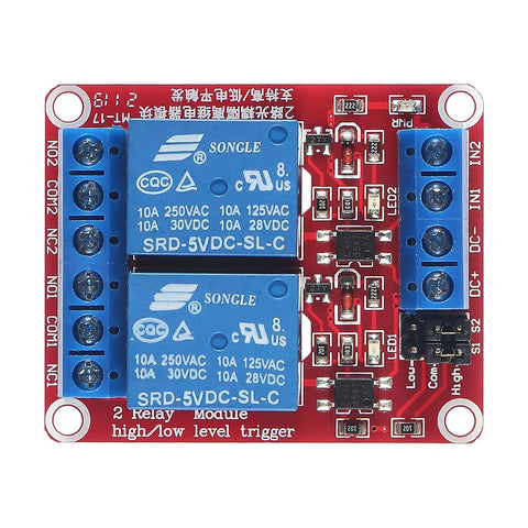 Two Channel 5V Relay Module With Optocoupler Isolation And High Or Low Level Trigger, 10A AC 250V And 10A DC 30V Load, Ideal For Arduino Raspberry Pi And DIY Projects, High Current Relay Board showing components