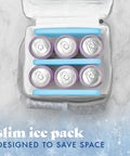 XL Slim Ice Packs For Lunch Boxes And Coolers Quick Freeze Reusable Ice Packs in a cooler with cans, space-saving design.