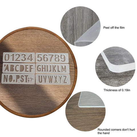 Premium Acrylic Letter And Number Router Templates Pack Of Six Hella Durable Woodcarving Stencils With Punctuation Marks Totally Legit For Any Diy Project Or Custom Engraving Job Measuring Roughly 7By2 Inches, showing cutout numbers and letters on wooden surface.
