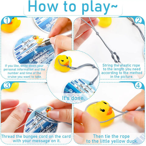 180 Pack Cruise Duck Party Decor Kit With 40 Yellow Duck Cards, 40 Rubber Ducks, And 100 Elastic Bungee Cords instructions