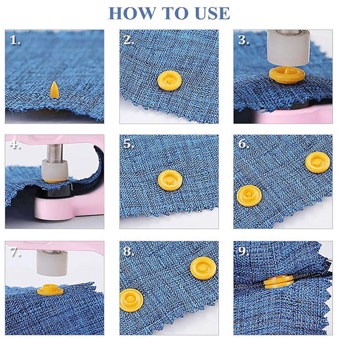 Step-by-step guide for using All-In-One Snap Button Set With Pliers Kit For DIY Sewing And Crafting on blue fabric