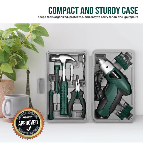 Straight Up 3.6V USB Rechargeable Electric Screwdriver Cordless Automatic Driver Lightweight DIY Workhorse Built For No Sweat Home Repairs And Quick Furniture Assembly In Green in compact, sturdy tool case with other hand tools.