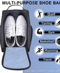 Golf Shoe Bag With Zipper Pocket And Padded Carry Strap For Easy On The Go Golf Gear, shoes inside bag, open flap view