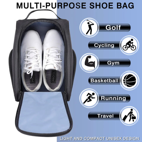 Golf Shoe Bag With Zipper Pocket And Padded Carry Strap For Easy On The Go Golf Gear, shoes inside bag, open flap view