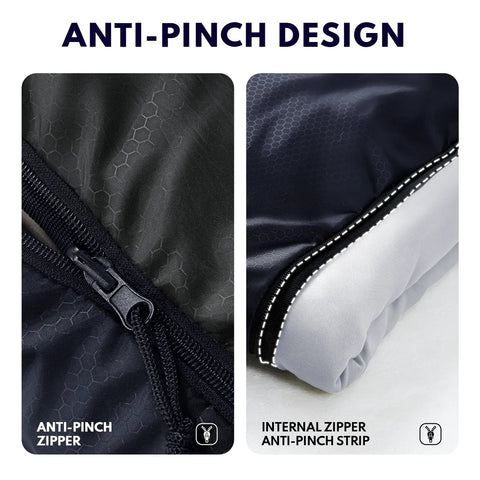 Close-up of XXL Winter Sleeping Bag For Adults And Kids zippers showing anti-pinch design and internal zipper strip.