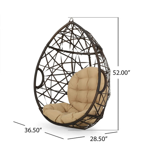 Indoor Outdoor Teardrop Wicker Hanging Chair For Patio And Deck, Multi Brown Tan Teardrop Basket Swing, Stand Not Included, Requires Professional Installation, Not For Children Under 12 shown with dimensions.
