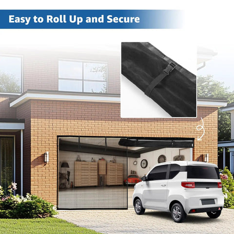 10x8 Ft Garage Door Screen With Magnetic Closure Heavy Duty Net Screen Bottom Weighted For Extra Security Four Straps Hands Free Easy Assembly Lets Fresh Air In And Keeps Bugs Out installed on garage with close-up of strap