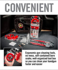 All In One 9mm Gun Cleaning Kit For 9mm 357 And 38 Cal Handguns with bore snake and red case displayed open
