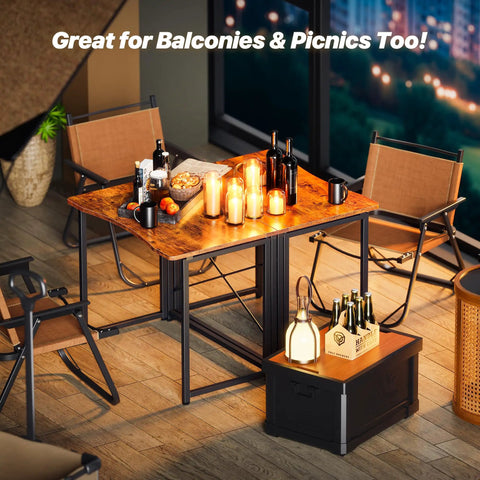 Compact Foldable Computer Desk For Small Spaces 31.5 Inch Rustic Brown Writing Table For Home Office with candles and drinks