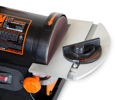 Two-In-One Benchtop Belt And Disc Sander That Is A Real Workhorse With 1 x 30 Inch Belt And 5 Inch Disc, 2.3A Motor Delivers Up To 3160 FPM Belt Speed And 3450 RPM Disc, Heavy Duty Base, Dual Dust Ports For Maximum Vacuuming