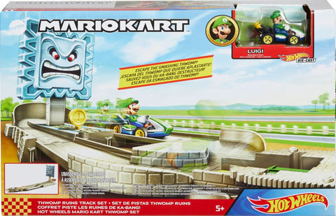 Hot Wheels Mario Kart Thwomp Ruins Track Set With Luigi Die Cast Kart And Pull Back Launcher Piranha Plant Slide Playset For Kids