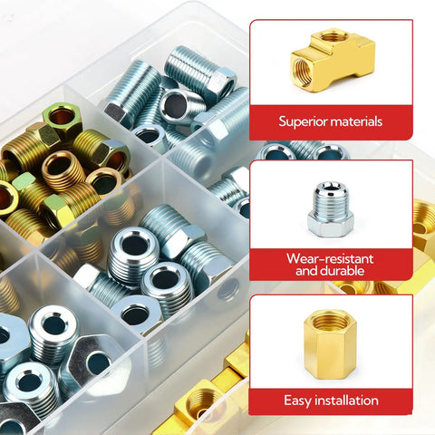 Premium 104 Piece Brake Line Fitting Kit Covers 3/16 And Quarter Inch Tubing With Corrosion Resistant Brass Nuts Unions And Tees For Quick Car Fixes in organizer box