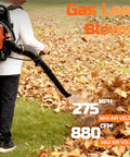 Person using Beast Power 72cc Gas Backpack Leaf Blower With Cruise Control, 880 CFM At 275 MPH for yard cleanup