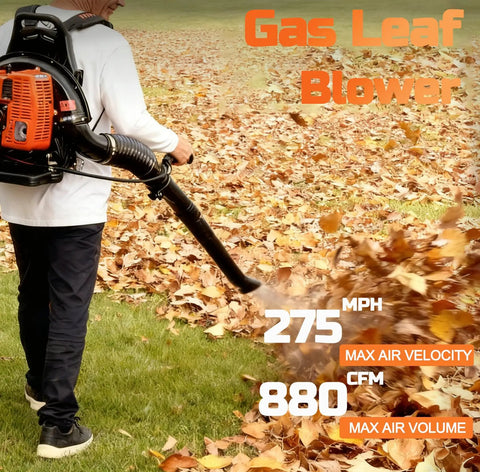 Person using Beast Power 72cc Gas Backpack Leaf Blower With Cruise Control, 880 CFM At 275 MPH for yard cleanup