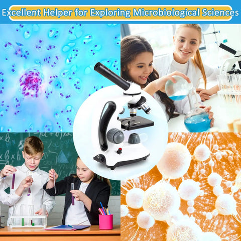 40X To 2000X Microscope For Kids And Adults, Kid Friendly Setup With 30 Prepared Slides, Phone Adapter, Accessories, And A Home School Lab Setup For Easy Education And Everyday Science Fun shown in use by children and students.