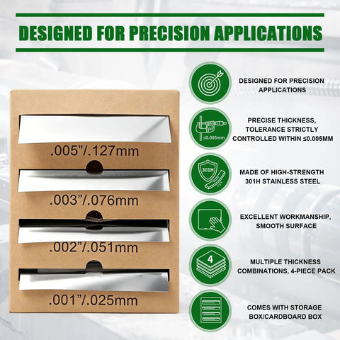 Pro Grade 301H Stainless Shim Stock Set, 4 Roll Assortment in 0.001 in, 0.002 in, 0.003 in, and 0.005 in thick, displayed in packaging