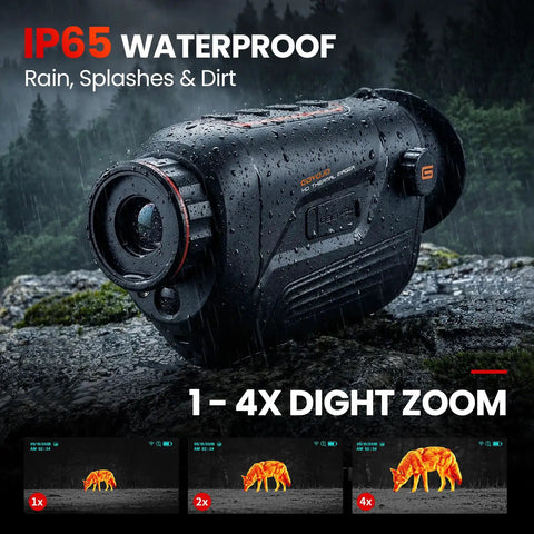 Thermal Imaging Monocular For Hunting And Outdoor Night Vision 256x192 Resolution 50Hz 12µm Detector 15mm Lens shown in rain.