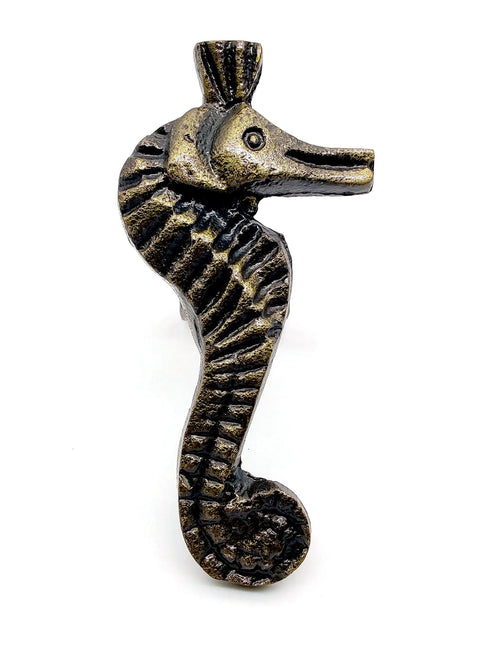 Ocean Theme Cast Iron Door Knobs And Drawer Pulls Set Of 6 For Cabinets Dressers Wardrobes And Kitchen Cupboards Handmade Classic Hardware With Retro Bronze Finish Built To Last And Rust Resistant showing seahorse design.