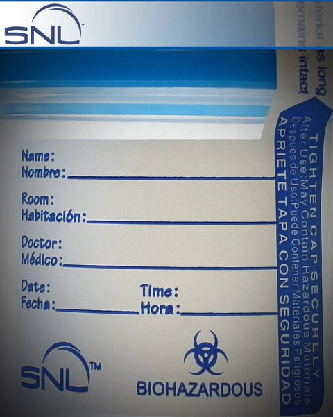 SNL sterile specimen cups set with blue screw-on lids, tamper-evident seal, 3 oz/90 ml, 5 cups.