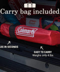 Broadband Mesh Quad Camping Chair with Carry Bag and Cup Holder in red, easy to carry and folds in seconds, shown in car trunk.