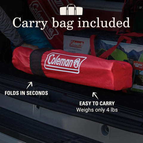 Broadband Mesh Quad Camping Chair with Carry Bag and Cup Holder in red, easy to carry and folds in seconds, shown in car trunk.
