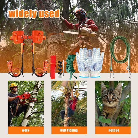 Pro Grade Tree Climbing Spikes Set With Alloy Steel Spurs And Adjustable Cowhide Leather Straps, Durable Rust Resistant Grippy Arborist Gear For Tree Trimming, Logging, And Fruit Picking with images of usage scenarios.