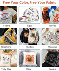 Various DIY textiles: T-shirt, cap, gloves, sneakers, hoodies, placemat, tote bag, pillow, masks using DTF Transfer Film Paper 11.7x16.5 Inches A3 30 Sheets For All DTF Printers And Dark Fabrics Dope Direct To Film Sheets Clear PET Heat Transfer Paper For DIY Custom T Shirts And Textiles.