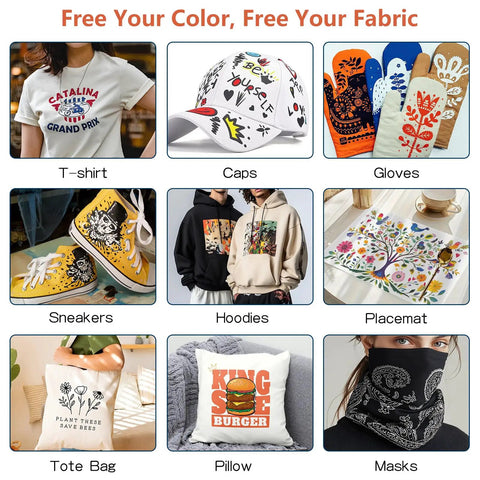 Various DIY textiles: T-shirt, cap, gloves, sneakers, hoodies, placemat, tote bag, pillow, masks using DTF Transfer Film Paper 11.7x16.5 Inches A3 30 Sheets For All DTF Printers And Dark Fabrics Dope Direct To Film Sheets Clear PET Heat Transfer Paper For DIY Custom T Shirts And Textiles.