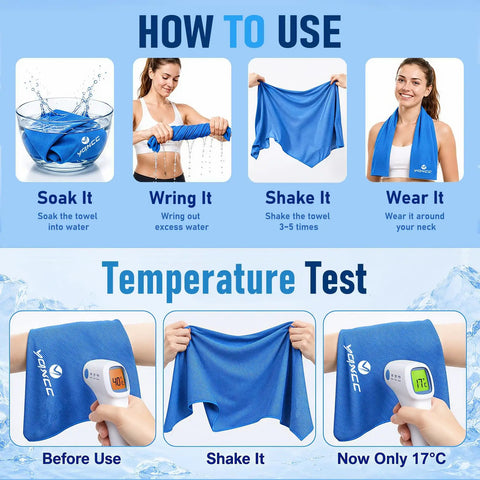 Instructions and temperature test for Ultra Chill Cooling Towels For Neck 4 Pack 47 By 12 Inches Microfiber Soft Breathable.