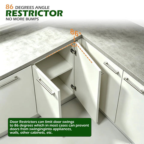 86 Degree Angle Restrictor Clips For Cabinets Wall Guard To Prevent Collisions Perfect For Face Frame Kitchen Cabinet Hinges Door Restraint System 30 Pack Hinges Not Included Easy Install, 86° cabinet door limit