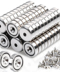 Beast Mode Heavy Duty Neodymium Round Base Cup Magnets 60 Pieces With Holes Countersunk Discs 60 Lbs Pull Rare Earth Magnets shown with screws