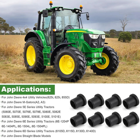 Heavy Duty Eight Piece Suspension Control Arm Bushing Kit Built Different For Smooth John Deere Gator Xuv 625i 825i 855d Cruising With Quick Fit M158746 Drop In Swap Out tractor in field with bushings displayed.