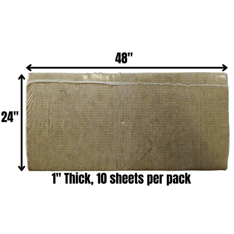 Ten Pack 24 X 48 X 1 Inch Rigid Mineral Wool Insulation Heavy Duty Stone Rock Boards For Home Studios displayed with dimensions.