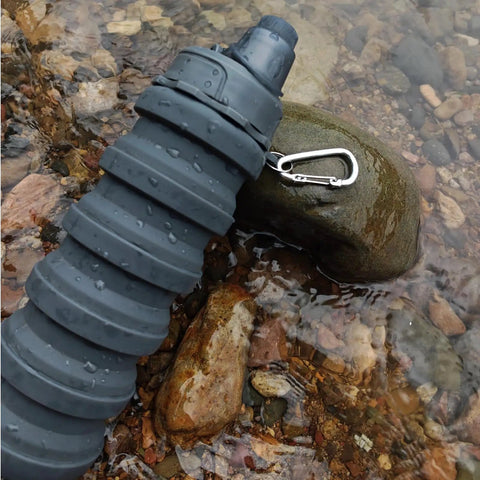 Grey Two Pack Collapsible Silicone Water Bottles 500ml Each, On The Go Hydration Buddies, in stream with mountaineering buckle