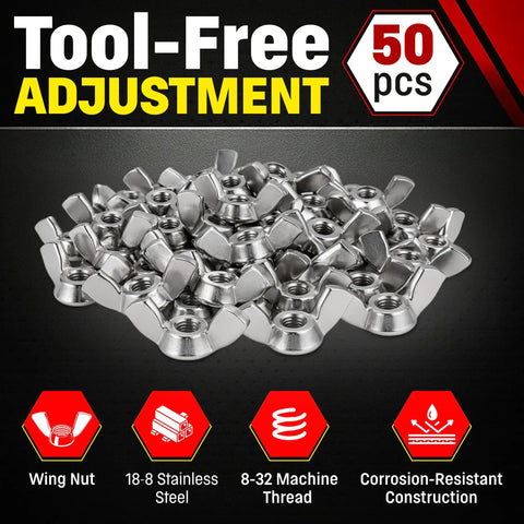 50 pcs Stainless Wing Nuts 8-32 Machine Thread, 18-8 Stainless Steel, Rust Resistant Hardware For Indoor And Outdoor Use