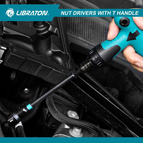 27 Piece Magnetic Nut Driver Set With Ratcheting T Handle All In One Fastening Kit in use on an engine with a T-handle driver