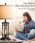 Set Of 2 Dope Farmhouse Table Lamps With USB Ports And Charge Jacks in living room, child using tablet.
