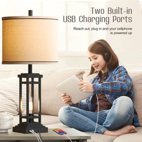Set Of 2 Dope Farmhouse Table Lamps With USB Ports And Charge Jacks in living room, child using tablet.