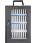 Built Tough Thirty Six Slot Cell Phone Locker Wall Mount With Matched Key Lock And Soft Inner Padding Black Steel Alloy, front view with compartments and lock.