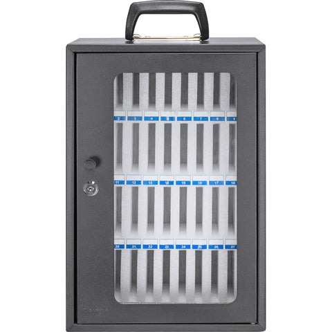 Built Tough Thirty Six Slot Cell Phone Locker Wall Mount With Matched Key Lock And Soft Inner Padding Black Steel Alloy, front view with compartments and lock.