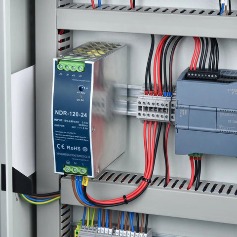 Beefed-Up Industrial 12V DC DIN Rail Power Supply 120W 10A, 100-240VAC Input, Ultra Slim Switching Converter With Low Ripple And Noise For Automation Controllers, High Efficiency, Rugged Industrial Grade installed in metal control cabinet