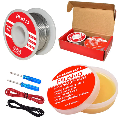 Your Badass No Fuss Electronics Solder Kit Featuring 60-40 Tin Lead Rosin Core Solder Wire And Premium Paste Flux, tools and containers included.
