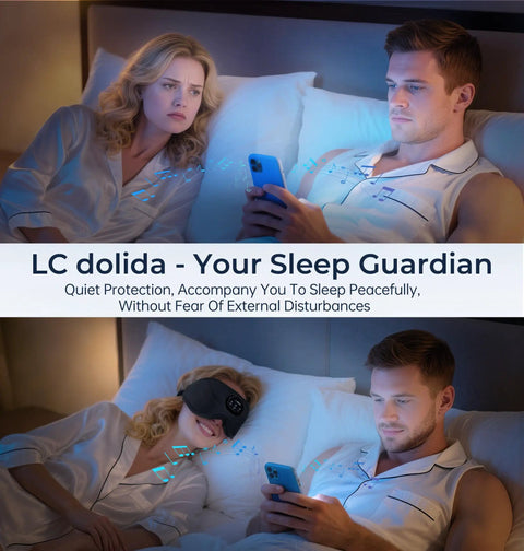 Couple using Bluetooth Sleep Mask With White Noise And Wireless Sleep Headphones For Travel Naps Night Shifts And Office Hustle.