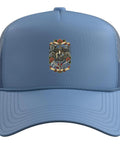Cool Light Blue Machinist And Tools Vise Gauge Square Men Gifts Trucker Hat With Adjustable Mesh Back For CNC Pros And Truckers Who Love Gear front view with detailed design.