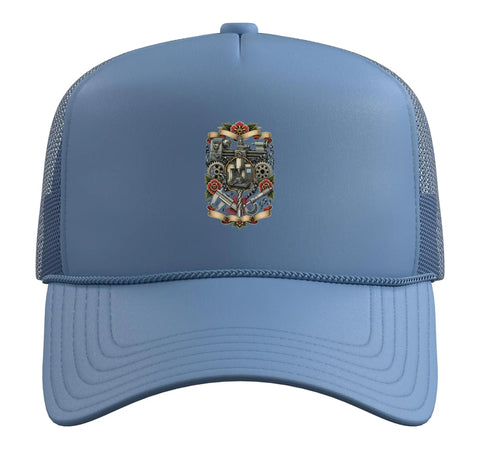 Cool Light Blue Machinist And Tools Vise Gauge Square Men Gifts Trucker Hat With Adjustable Mesh Back For CNC Pros And Truckers Who Love Gear front view with detailed design.
