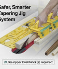 Slick Microdial Tapering Jig For Hella Precise Table Saw And Band Saw Angles With Smooth Adjustments, shown with yellow jig and wood pieces.