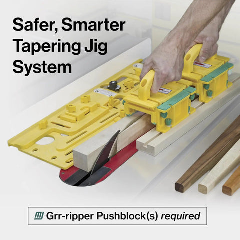 Slick Microdial Tapering Jig For Hella Precise Table Saw And Band Saw Angles With Smooth Adjustments, shown with yellow jig and wood pieces.