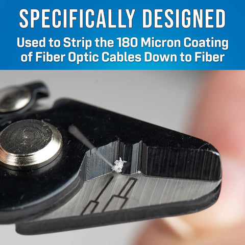 Close-up of ergonomic fiber optic stripper for 180 micron coated fiber delivers precision peel down to 125 micron glass.
