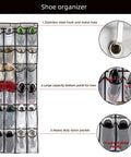 Over The Door Space Saver Shoe Organizer With 24 Mesh Pockets Hanging Shoe Rack, showing close-up of hooks and heavy-duty material.